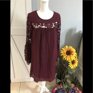 Burgundy, BoHo bell sleeves, shift dress